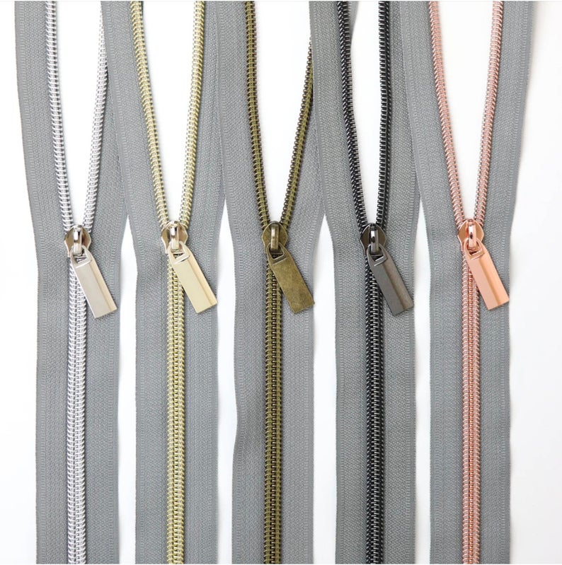 GREY #5 Nylon Coil Zippers: 3 Yards with 9 Pulls