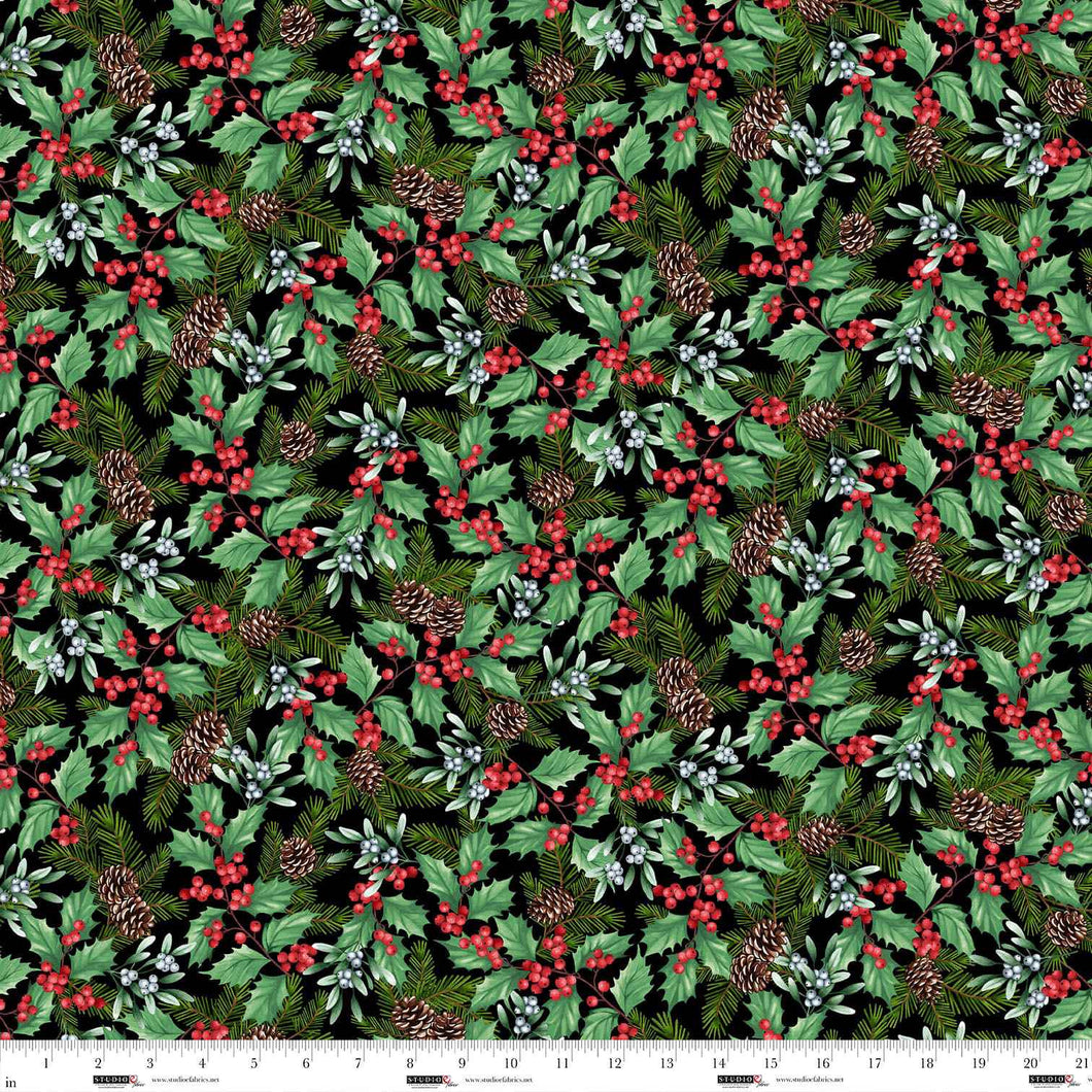 Bloom of the Holiday - Holly Berries & Mistletoe, Black