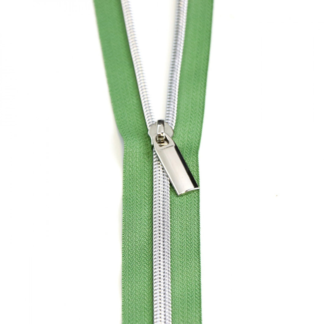 MAGNOLIA GREEN #5 Nylon Coil Zippers: 3 Yards with 9 Pulls
